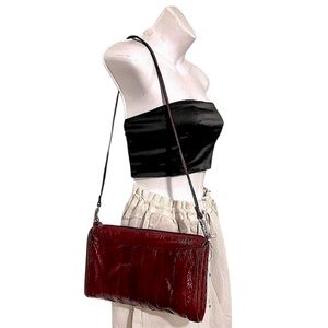 Burgundy Maroon Red Patchwork Snake Print Eel Leather Shoulder Clutch Pouch Bag